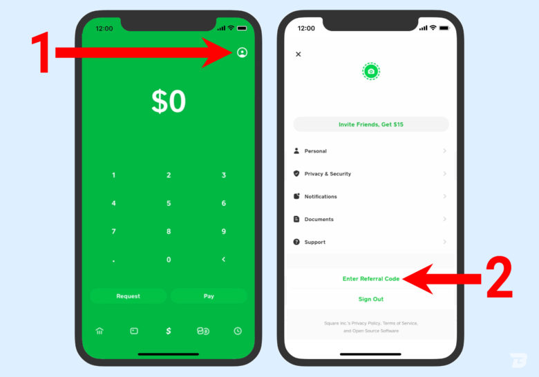 A Cash App Screenshot Of How To Enter Cash App Referral Code With Arrow Instructions.
