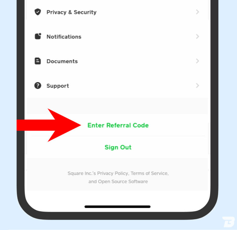 A Cash App Screenshot Showing Step 2 For How To Enter A Cash App Referral Code By Tapping 'Enter Referral Code' Text.