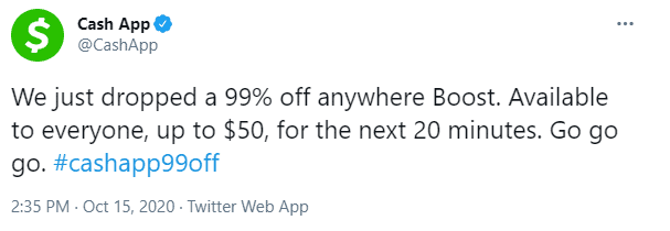 A Screenshot Of The Official Cash App Twitter Account Tweet About The 99% Off Anywhere Boost.