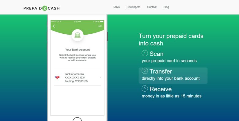 A Screenshot Of The Prepaid2Cash Website And App
