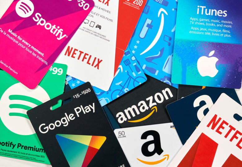 Picture Of Gift Cards From Various Brands Like Amazon, Google Play, Netflix, Spotify, Itunes, Etc.